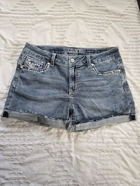 Grace in LA Shorts 31 Western Embroidered Cactus Desert Light Wash